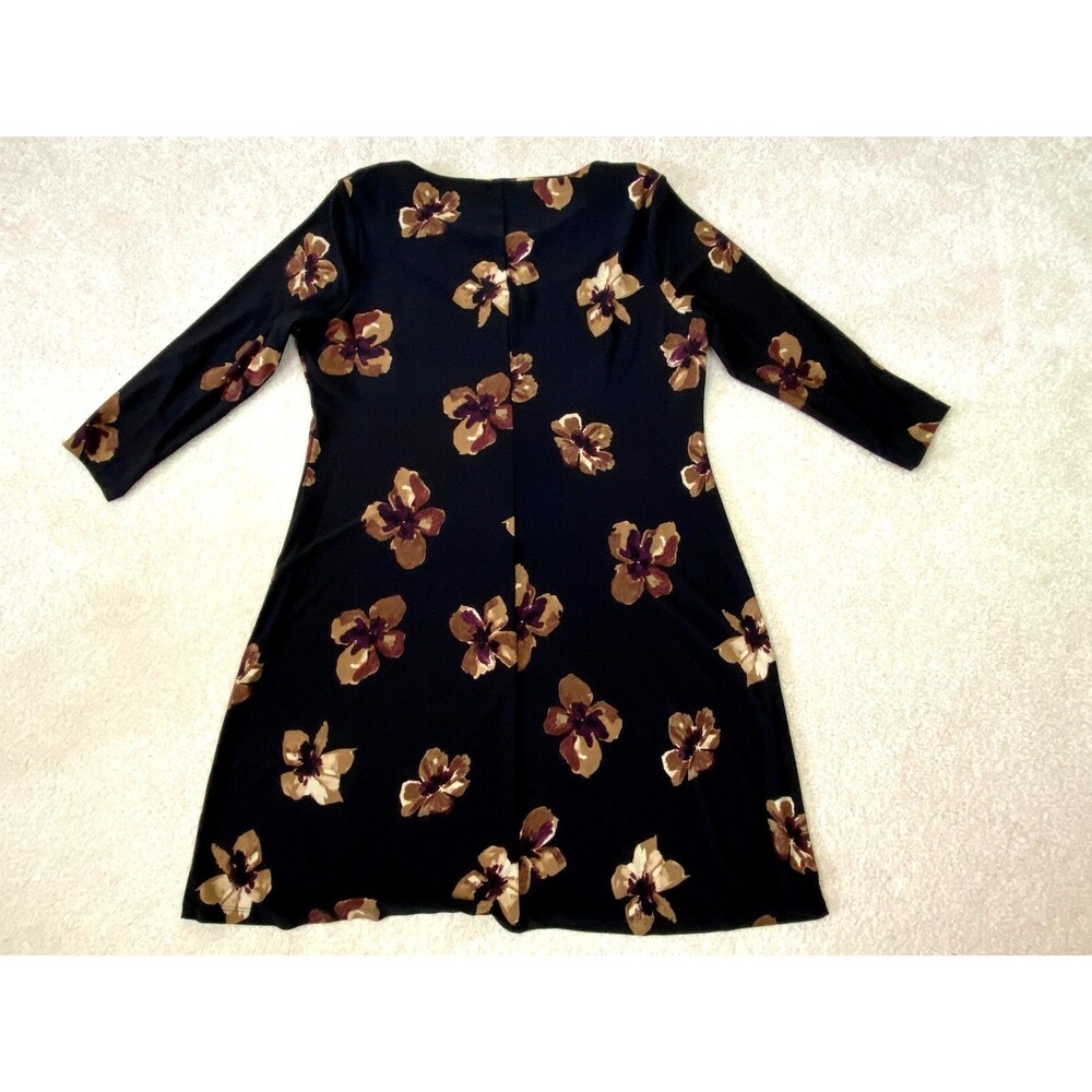 Tommy Hilfiger Gold Black Floral Sheath Dress Large L 3/4 Sleeve Stretch Career